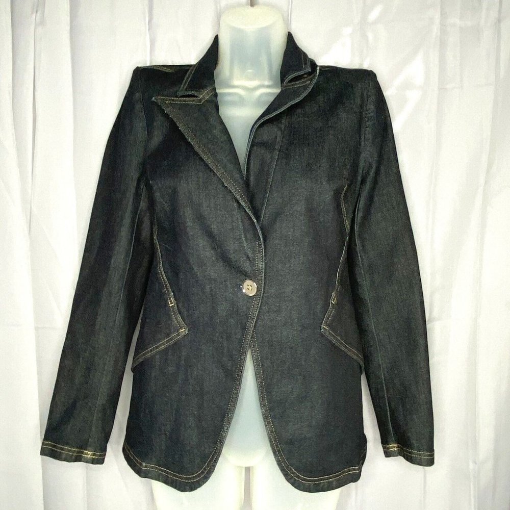 VTG WHBM Editor Blazer Womens 2 Blue Denim Y2K Academia Streetwear Minimalist